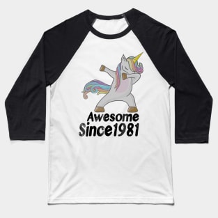 38th Birthday Gift Awesome Since 1981 Unicorn Dabbing Baseball T-Shirt